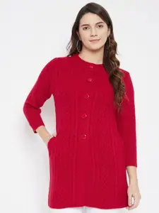 Zigo Women Red Cable Knit Woolen Longline Cardigan Sweater