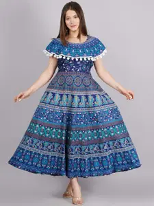 ROOPWATI FASHION Women Navy Blue Printed Fit-& Flared Maxi Cotton Ethnic Dresses