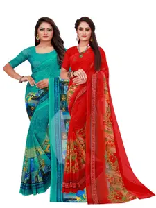 Silk Bazar Pack of 2 Red & Turquoise Blue Printed Pure Georgette Saree