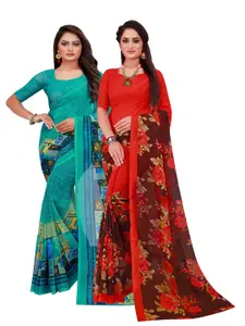 Silk Bazar Pack of 2 Turquoise Blue & Red Pure Georgette Saree