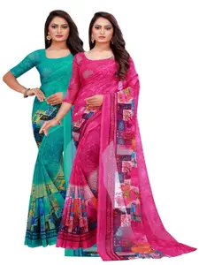 Silk Bazar Pack of 2 Turquoise Blue & Magenta Printed Pure Georgette Saree