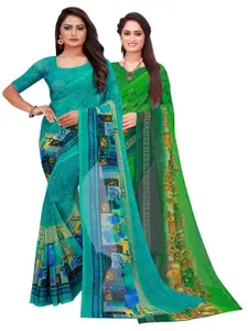 Silk Bazar Pack of 2 Turquoise Blue & Green Printed Pure Georgette Saree