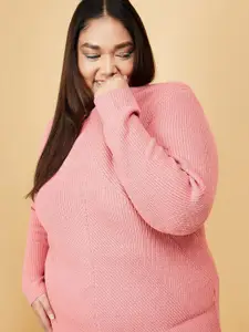 max Women Peach-Coloured Ribbed Pullover