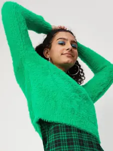 max Women Green Pullover with Fuzzy Detail