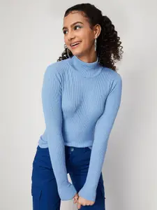 max Women Blue Ribbed Pullover