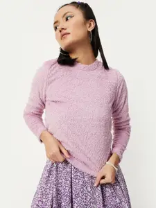 max Women Lavender Polyester Pullover with Fuzzy Detail
