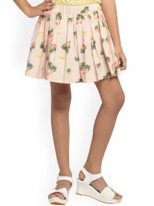 UNDER FOURTEEN ONLY Girls Peach-Colored Floral Printed Pure Cotton Mini Skirts