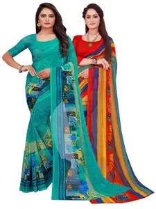 Silk Bazar Pack of 2 Turquoise Blue & Red Printed Pure Georgette Saree