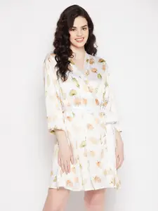 Clovia White Printed Robe Nightdress