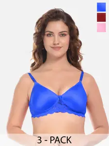 FIMS Blue & Maroon Pack of 3 Lightly Padded Bra