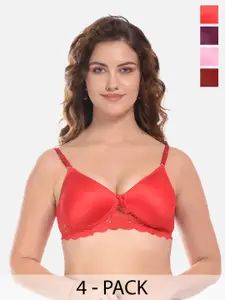 FIMS Maroon & Red Pack of 4 Cotton Lightly Padded Bra