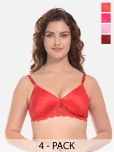 FIMS Pink & Red Pack of 4 Cotton Lightly Padded Bra
