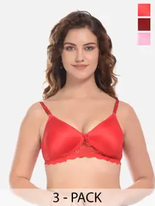 FIMS Pink & Red Pack of 3 Cotton Solid Lightly Padded Rapid-Dry Bra