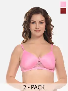 FIMS Burgundy & Pink Pack of 2 Cotton Solid Lightly Padded Bra