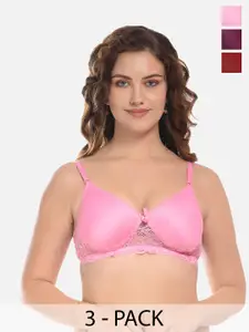 FIMS Maroon & Rose Pack of 3 Cotton Lightly Padded Bra