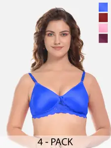 FIMS Blue & Pink Pack of 4 Cotton Solid Lightly Padded Bra