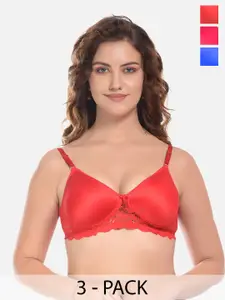 FIMS Red & Blue Pack of 3 Cotton Solid Lightly Padded Bra