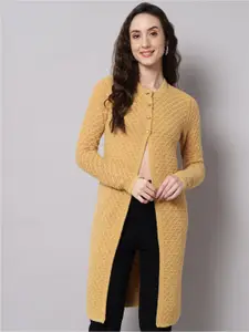 BROOWL Women Yellow Longline Wool Cardigan Sweater