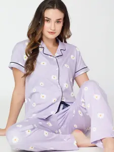 I like me Women Violet & White Printed Pure Cotton Night suit