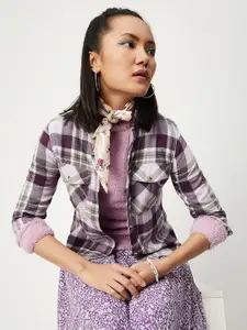 max Women Purple Tartan Checks Checked Cotton Casual Shirt