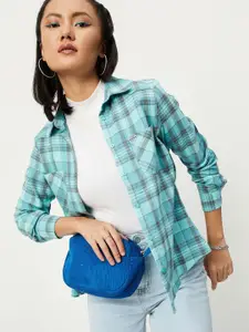 max Women Blue Checked Cotton Casual Shirt