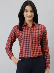 English Navy Women Red Relaxed Checked Formal Shirt