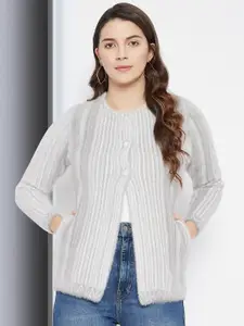 Zigo Women Grey & White Striped Woolen Cardigan Sweater