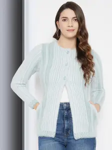 Zigo Women Blue & White Striped Woolen Cardigan Sweater
