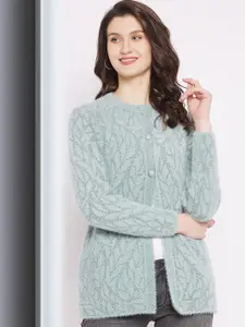 Zigo Women Sea Green & Grey Cable Knit Woolen Cardigan Sweater