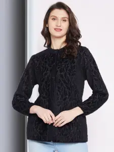 Zigo Women Black & Grey Self Design Woolen Cardigan Sweater