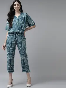 Amirah s Women Teal Blue Printed Pure Cotton Top with Trouser Co-Ords Set