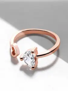 Mahi Rose Gold-Plated White CZ-Studded Dual Heart Adjustable Finger Ring
