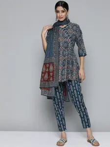 Kvsfab Women Navy Blue Ethnic Motifs Printed Thread Work Pure Cotton Top with Trousers