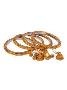 Efulgenz Set Of 4 Gold-Plated Yellow Crystal Studded & Beaded Bangle