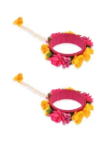 Efulgenz Set Of 2 Pink & Yellow Pearls Studded & Beaded Flower Ring Finger Bangle