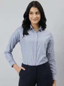 English Navy Women Blue Relaxed Striped Formal Shirt