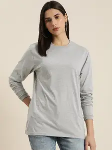 DILLINGER Women Grey Melange Solid Cotton Oversized T-shirt