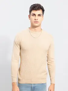 Snitch Men Beige Self Design Cotton Pullover Sweater