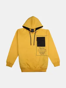V-Mart Boys Yellow Printed Cotton Hooded Sweatshirt