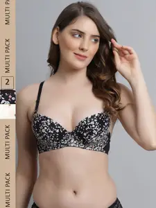 Friskers Pack Of 2 Black & Cream Floral Bra Underwired Lightly Padded