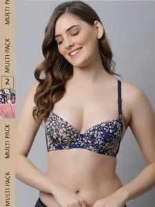 Friskers Pack Of 2 Blue & Peach Floral Bra Underwired Lightly Padded