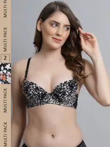 Friskers Pack Of 2 Black & White Floral Printed Underwired Lightly Padded Bra