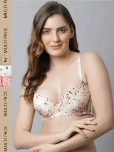 Friskers Pack Of 2 Beige & Peach Floral Bra Underwired Lightly Padded