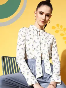 Berrylush White Floral Print Tie-Up Neck Crepe Top