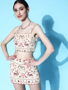 Berrylush Women Beige Embroidered Mini Skirt & Top Co-ord Set