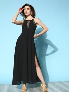 Berrylush Black Georgette Maxi Dress With Lace Inserts