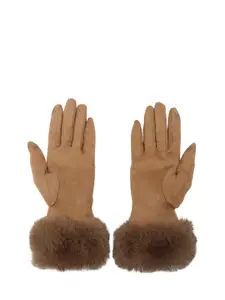 20Dresses Women Beige Solid Winter Fur Trim Hand Gloves
