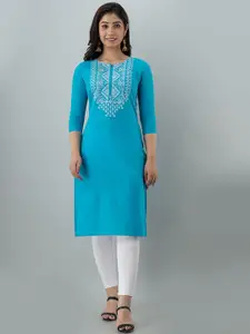 Ksharaa Turquoise Blue Geometric Embroidered Thread Work Kurta