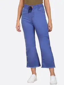 A-Okay Women Blue Solid Cotton Straight Fit Cropped Jeans