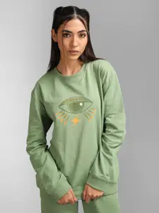 KZ07 By Kazo Women Green Printed Cotton Sweatshirt